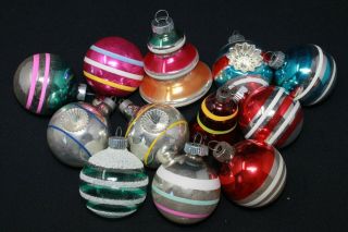 Vintage Group Of 12 Striped Glass Ornaments Shiny Brite,  Balls Indents Bell