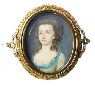 18th Century Georgian Vellum Portrait Miniature Of A Lady In A Blue Dress Brooch
