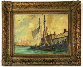 Signed Orig Framed 19th Early 20th Century Oil Painting England Harbor Scene