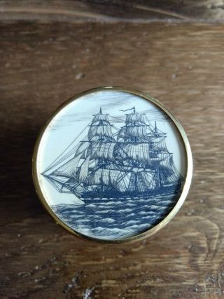 Barlow Scrimshaw Tall Ship Nautical Brass Container W/lid