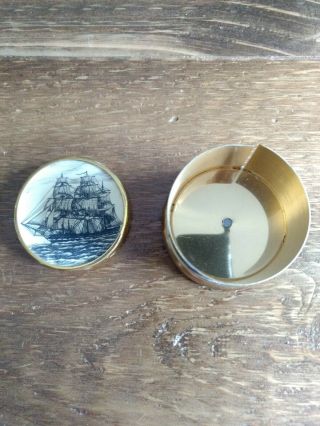 Barlow Scrimshaw Tall Ship Nautical Brass Container W/Lid 2