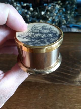 Barlow Scrimshaw Tall Ship Nautical Brass Container W/Lid 3