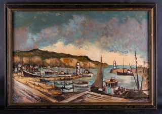 Large Early 20th Century Impressionist Oil Painting " Coast Scene " Signed