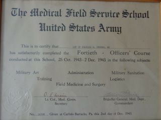 WWII WW2 Medical Field Service School Certificate Paper Work U.  S.  Army 2