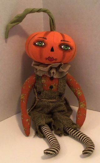Primitive Halloween Jack O Lantern Pumpkin Head Doll Shelf Sitter 11” Adorable