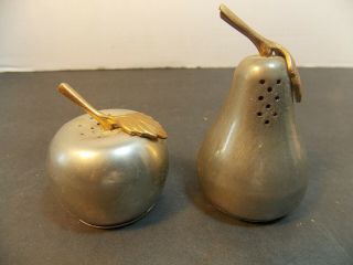 Pewter Pear Apple Figurine Salt & Pepper Shaker Set Gold Colored Leaf Decoration