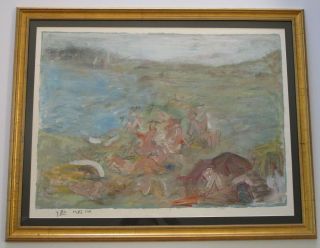 Mystery Artist Signed Abstract Expressionist Painting Modernism Beach Nude Vntg