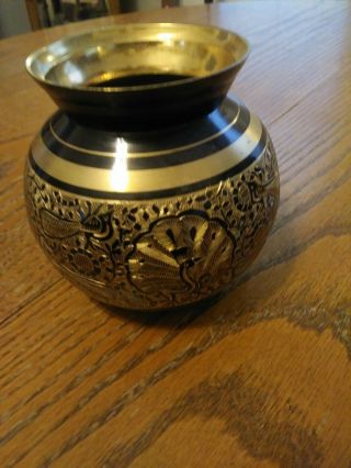 Vintage Etched Black And Gold Brass Vase W/ Peacocks