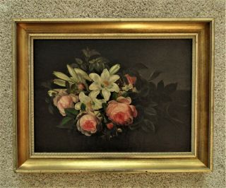 19th C.  Still Life Oil Painting Roses & Lilies Antique Victorian Floral Flowers