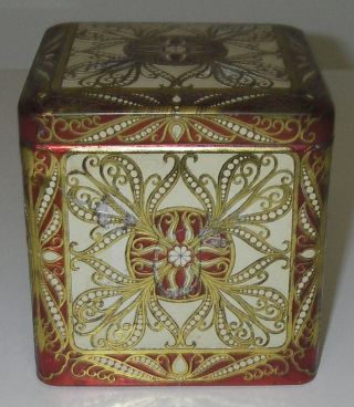 Metalware Tin Decorative 4 " Cube Box Hinged Lid Embossed Red/gold