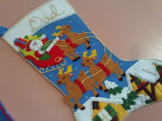 Vintage Completed Felt & Beaded Sequin Christmas Stocking Sleigh Santa Reindeer