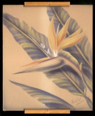 C1950 Ted Mundorff Airbrush Painting,  Bird Of Paradise,  Modernist Bamboo Frame