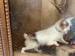 J.  Langlois oil painting canvas “2 Terriers Waiting” 1855 - 1904 listed 21x17” 3