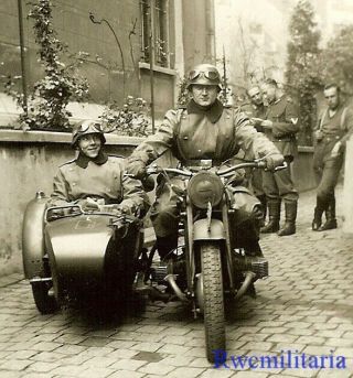 Best Helmeted Wehrmacht Kradmelder In Riding Gear W/ Motorcycle On Street