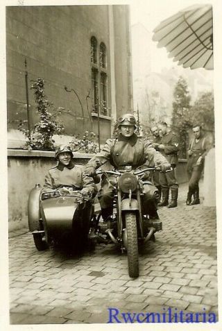 BEST Helmeted Wehrmacht Kradmelder in Riding Gear w/ Motorcycle on Street 2