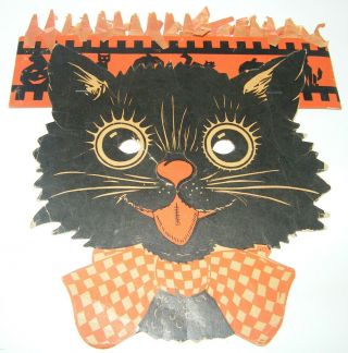 Vtg 1930s 40s Beistle Black Cat Diecut Honeycomb Crepe Paper Halloween Mask Hat