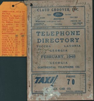 Telephone Directory Georgia Continental Telephone Co 1948 Toccoa & Lavonia Ga