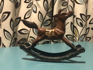 Vintage Toy Rocking Horse Cast Iron Painted Brown & Black 5.  25 X 8 X 1.  75 "
