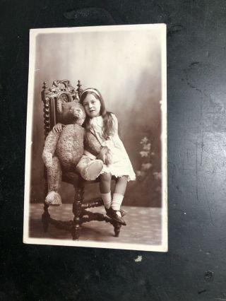 Real photo postcard little girl with giant teddy bear 1910 - 1920 Bisbee Arizona. 3