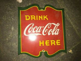 Porcelain Drink Coca Cola Here Enamel Sign 7 " X 8 " Inches