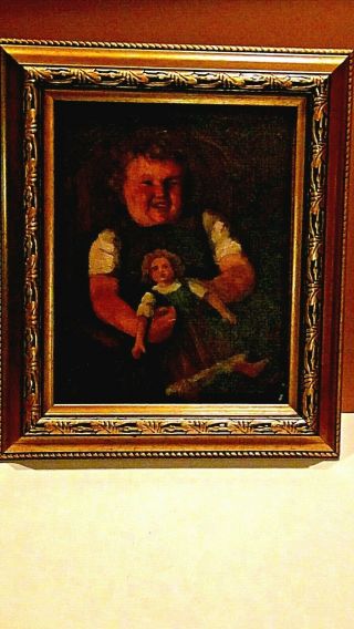 Antique 19c Oil On Board Painting Portrait Young Girl Holding A Doll,  Gilt Frame