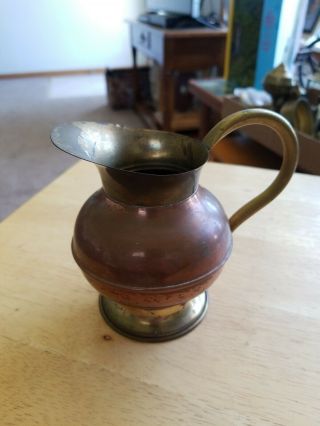 Vintage Small Copper Pitcher With Brass Handle,  Bottom &top.