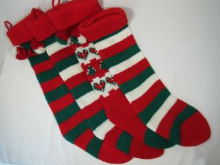 4 Vintage Christmas Knit Stockings - Red,  Green,  White - Stripped,  Hearts,  Trees