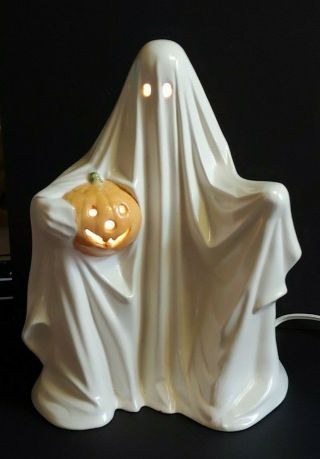 Vintage Halloween Ceramic Light Up White Ghost Holding Jack - O - Lantern