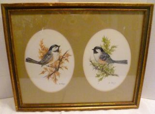 Pair 1976 Chickadee Bird Paintings Lois Mountz Framed Watercolor Artist Signed