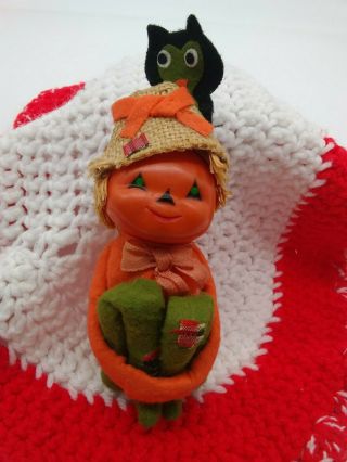 Vintage Japan Halloween Scarecrow Pumpkin Head Elf Knee Hugger Ornament Decor