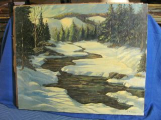 Vintage O/c Painting White Mountain Winter Scene With Stream