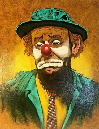 Signed John Peers Sad Clown Emmett Kelly Oil Painting Canvas 1960 
