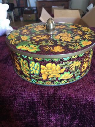 Vintage Yellow And Brown Tin Design By Dame,  Long Island Ny Tin Made In England