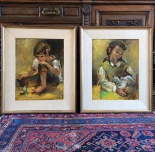 Rare Pair Two Originals Oil On Canvas “pepita” & “juan” Signed Michaud (george)