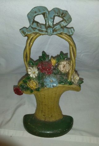 Antique Hubley 69 French Basket Of Flowers Door Stop Bookend Cast Iron