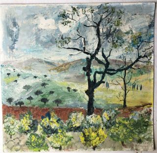 Vintage Mid Century Modern Abstract Tree Landscape Oil Painting Board Signed Art