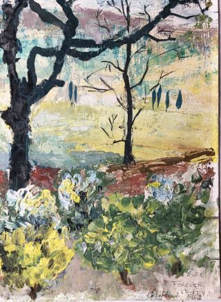 Vintage Mid Century Modern Abstract Tree Landscape Oil Painting Board Signed Art 2