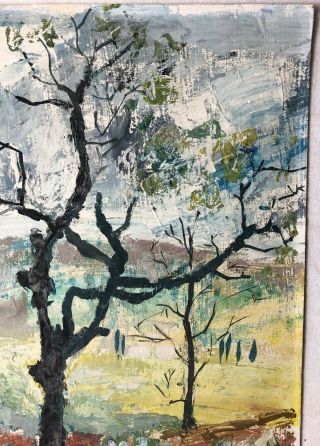 Vintage Mid Century Modern Abstract Tree Landscape Oil Painting Board Signed Art 3