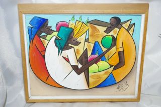 Haitian Folk Art Oil On Canvas Cubist Signed (fri) Fritz Rock 1944 - 76 Framed Art