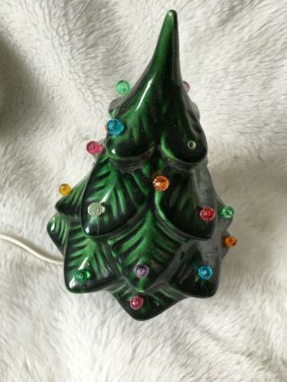 Vintage Small Ceramic Christmas Tree - Light Up - Dark Green Mod - 7 " Tall