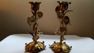 Vintage Pair Brass/metal Painted Flowers Candle Sticks Aprox 8.  5 " X3.  5 "