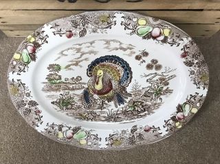 Large Vintage Hand Painted Turkey Platter Transfer Ware Made In Japan