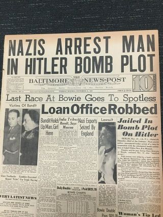 Adolf Hitler Assassination Attempt - World War Ii - 1939 Baltimore Newspaper