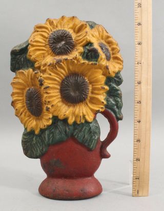 Antique Early 20thc Painted Cast Iron Sunflower Flowers Doorstop