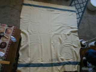 Vtg U.  S.  Navy Wool Blanket,  Blue Stripe,  Off White,  63 X 73