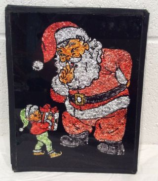 Vintage Santa Foil Art Christmas Holiday Rare Glass No Frame Retro Elf 8x10