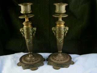 Antique Bronze Pair French Neoclassical Rams Head Candlesticks Candle Sticks