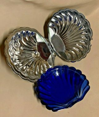 Silver Plated Scallop Oyster Shell Caviar Trinket Dish Hinged Blue Glass