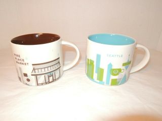 2 Starbucks Mugs Pikes Place Market And Seattle You Are Here Series 14 Fl.  Oz.