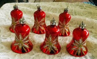 6 Hand Blown Glass Bell Christmas Ornaments Poland 2 - 1/4”